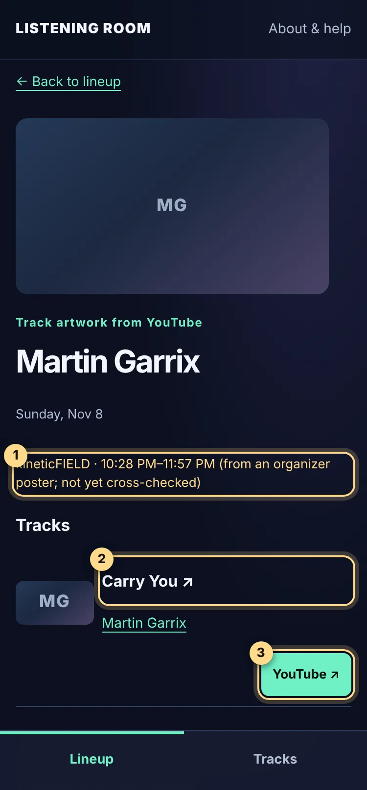 Martin Garrix’s artist page with numbered markers on the set time line, the track title and the YouTube button.