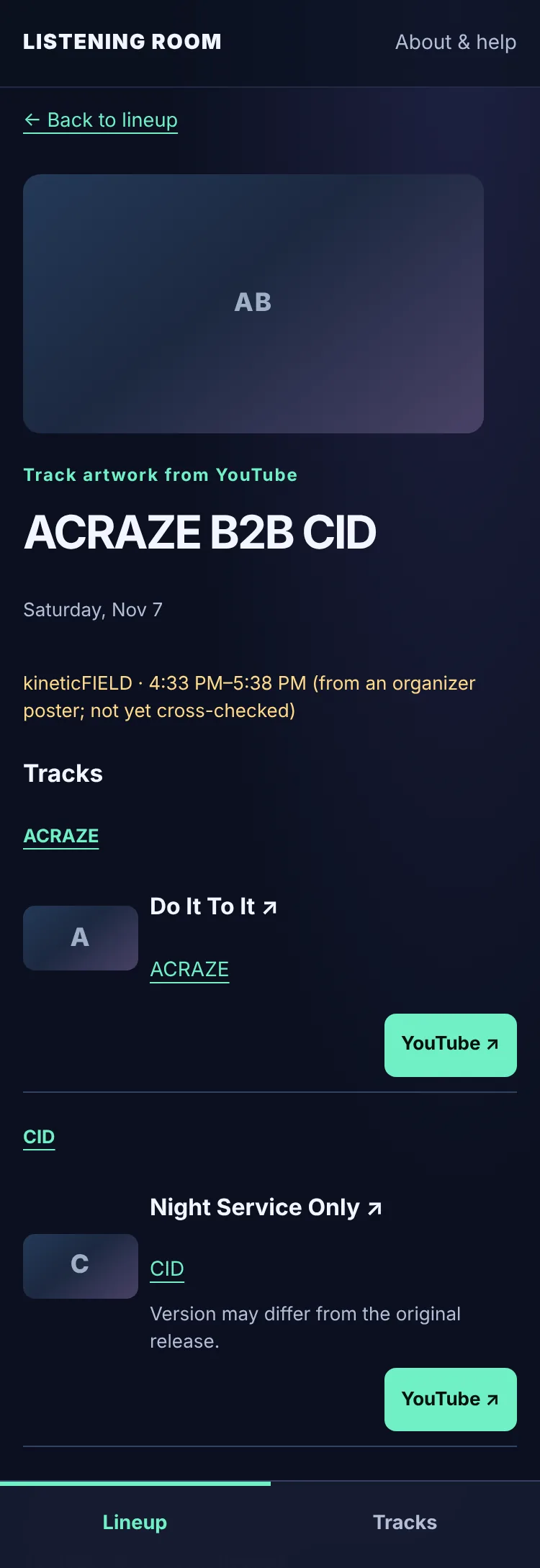 The ACRAZE B2B CID page with a track listed under each artist.