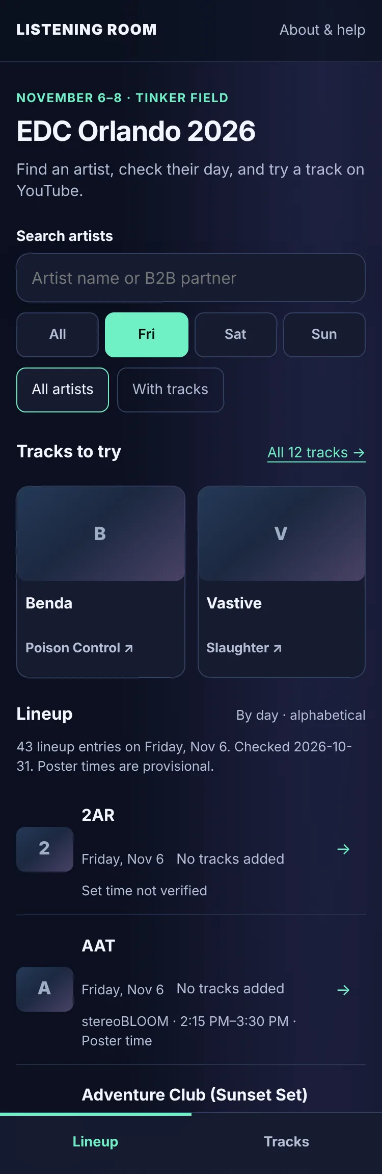 The lineup filtered to Friday, Nov 6, with the Fri button selected.