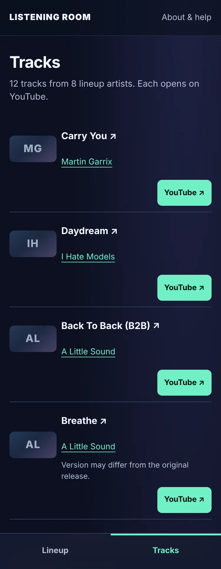 The Tracks tab listing reviewed tracks with YouTube buttons.